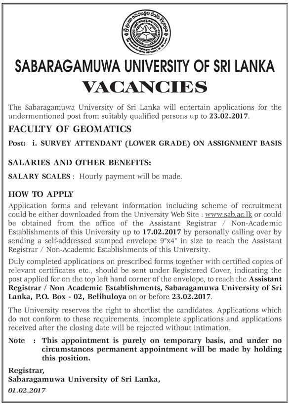 Survey Attendant - Sabaragamuwa University